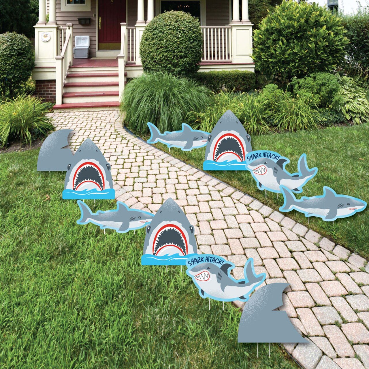 Big Dot of Happiness Shark Zone - Shark and Fin Lawn Decor - Outdoor Jawsome Party or Birthday Party Yard Decorations - 10 Piece